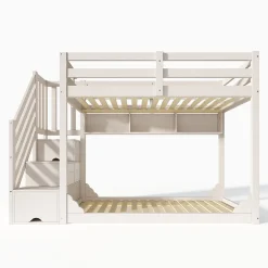 Lit superposé 90x200cm avec escalier de rangement et étagères - 2 tiroirs - Bois massif+panneaux de particules - Blanc><noscript><img width=
