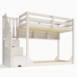 Lit superposé 90x200cm avec escalier de rangement et étagères - 2 tiroirs - Bois massif+panneaux de particules - Blanc><noscript><img width=