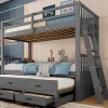 Simple Life Lit superposé 90x200cm avec lit gigogne et 3 tiroirs, pin MDF, pour enfants, sans matelas, gris*Enfant Lit Enfant