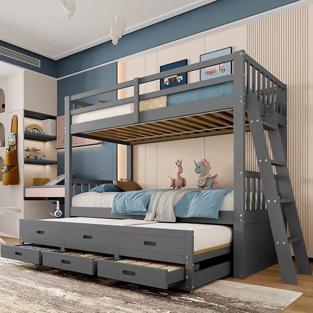 Simple Life Lit superposé 90x200cm avec lit gigogne et 3 tiroirs, pin MDF, pour enfants, sans matelas, gris*Enfant Lit Enfant