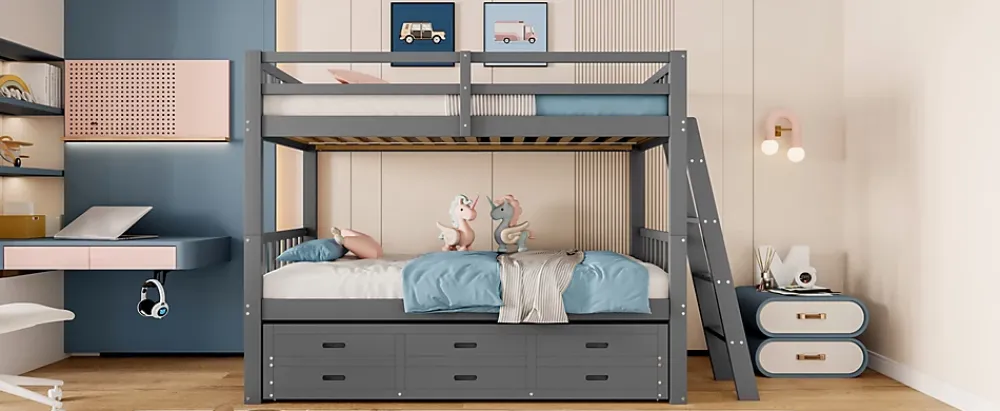 Simple Life Lit superposé 90x200cm avec lit gigogne et 3 tiroirs, pin MDF, pour enfants, sans matelas, gris*Enfant Lit Enfant