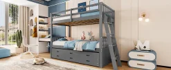 Simple Life Lit superposé 90x200cm avec lit gigogne et 3 tiroirs, pin MDF, pour enfants, sans matelas, gris*Enfant Lit Enfant