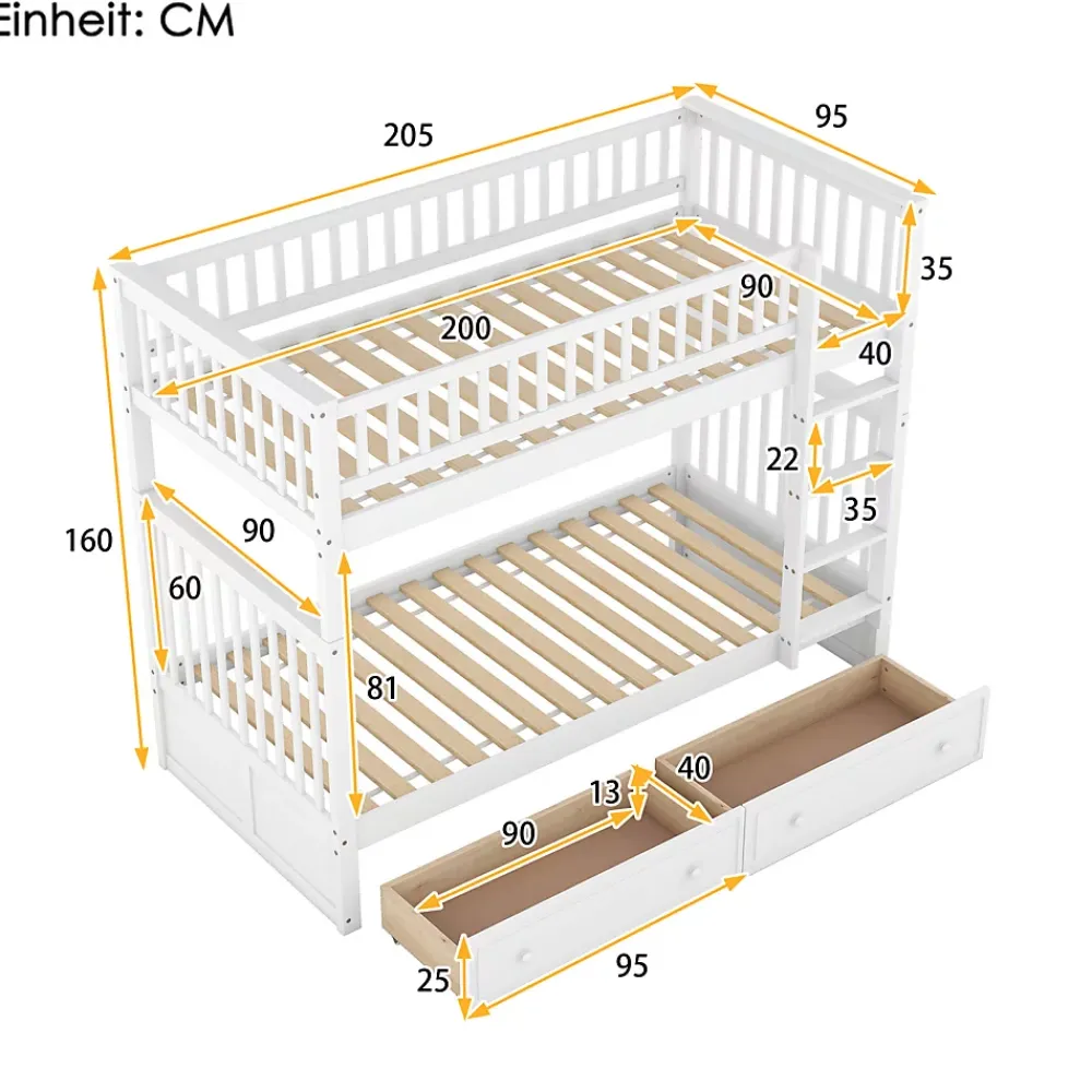 ProximaX Lit superposé 90x200cm pour enfants avec tiroirs, convertible, fonctionnel, blanc, Lit cabriolet pratique et gain de place*Enfant Lit Enfant