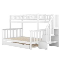 Redom Lit superposé 90x200/140x200 avec sommiers inclus et tiroir gigogne, échelle à rangements, en pin massif blanc*Enfant Lit Enfant