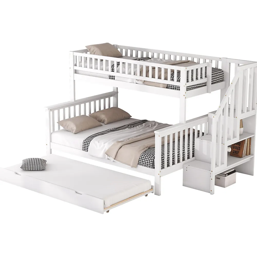 Redom Lit superposé 90x200/140x200 avec sommiers inclus et tiroir gigogne, échelle à rangements, en pin massif blanc*Enfant Lit Enfant