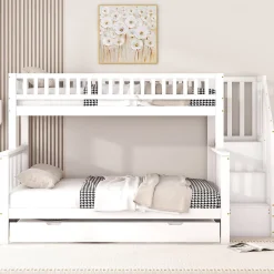 Redom Lit superposé 90x200/140x200 avec sommiers inclus et tiroir gigogne, échelle à rangements, en pin massif blanc*Enfant Lit Enfant