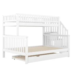 Redom Lit superposé 90x200/140x200 avec sommiers inclus et tiroir gigogne, échelle à rangements, en pin massif blanc*Enfant Lit Enfant