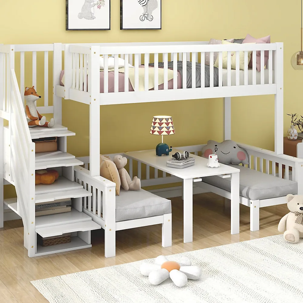 Lit superposé 90x200/120x200 avec table rabattable et escalier de rangement, structure bois/MDF blanc>Redom New