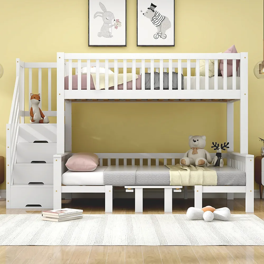 Lit superposé 90x200/120x200 avec table rabattable et escalier de rangement, structure bois/MDF blanc>Redom New