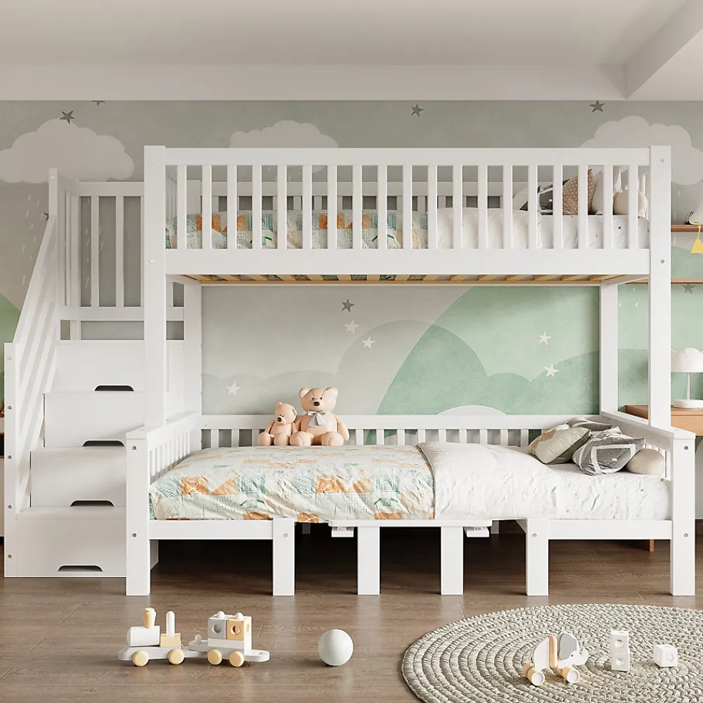 Lit superposé 90x200/120x200 avec table rabattable et escalier de rangement, structure bois/MDF blanc>Redom New