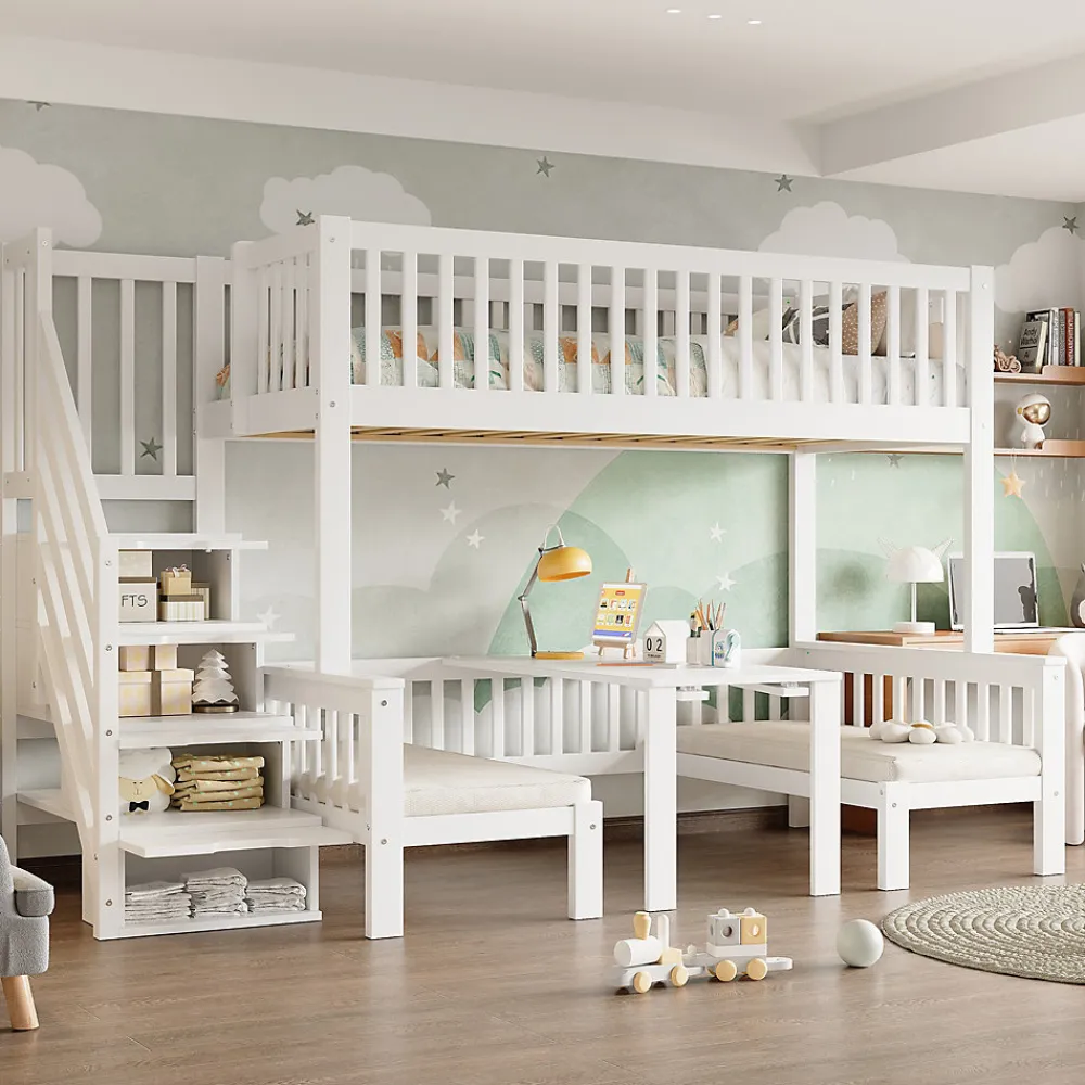 Lit superposé 90x200/120x200 avec table rabattable et escalier de rangement, structure bois/MDF blanc>Redom New