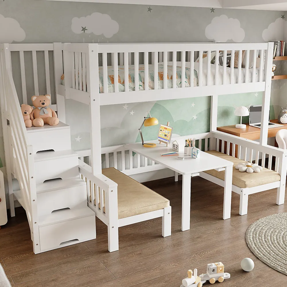 Lit superposé 90x200/120x200 avec table rabattable et escalier de rangement, structure bois/MDF blanc>Redom New