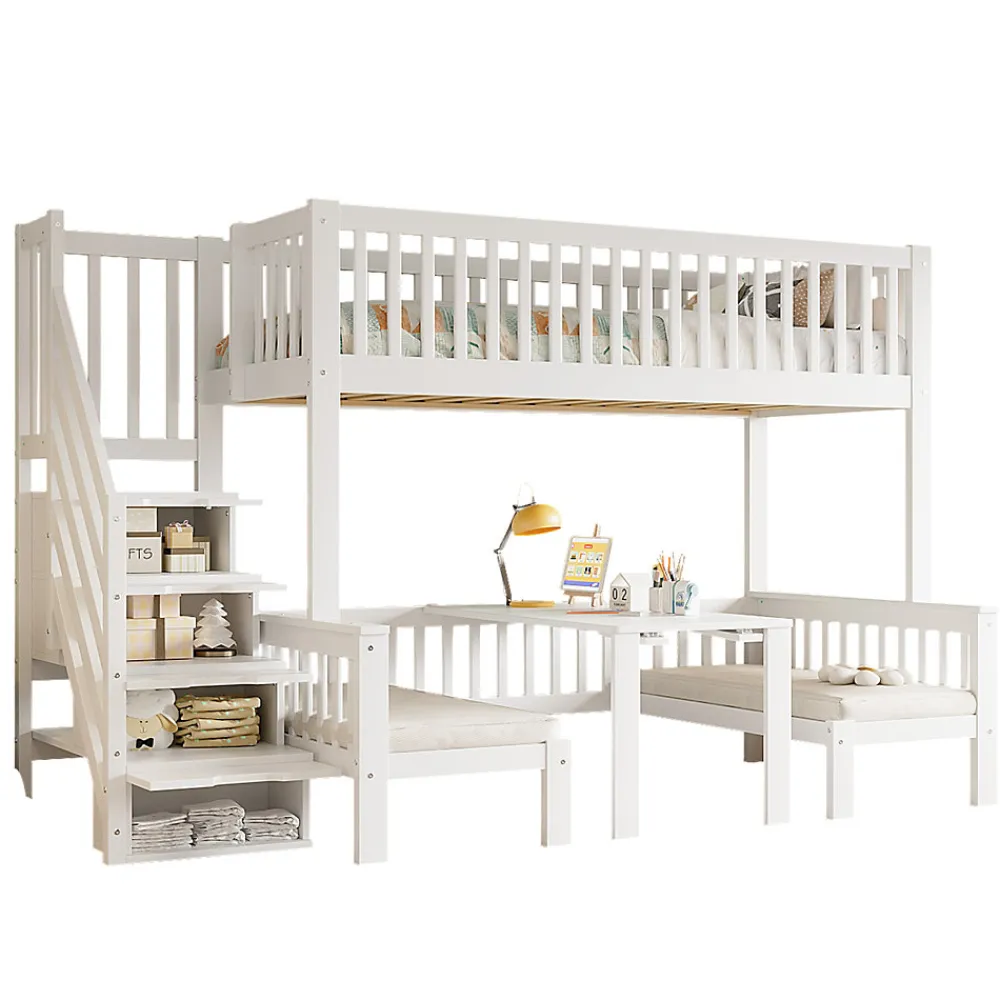 Lit superposé 90x200/120x200 avec table rabattable et escalier de rangement, structure bois/MDF blanc>Redom New