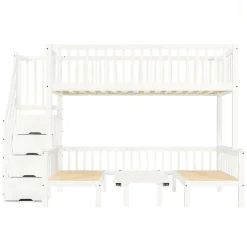 Lit superposé 90x200/120x200 avec table rabattable et escalier de rangement, structure bois/MDF blanc><noscript><img width=