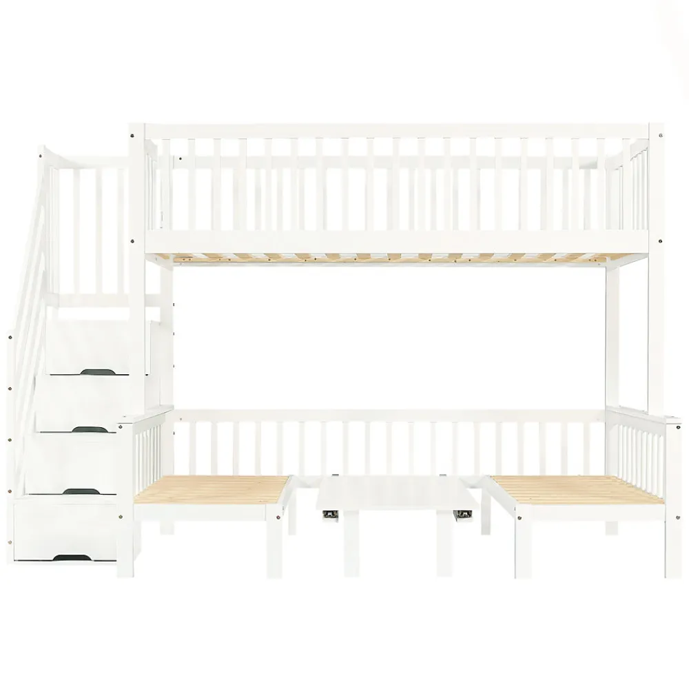 Lit superposé 90x200/120x200 avec table rabattable et escalier de rangement, structure bois/MDF blanc>Redom New