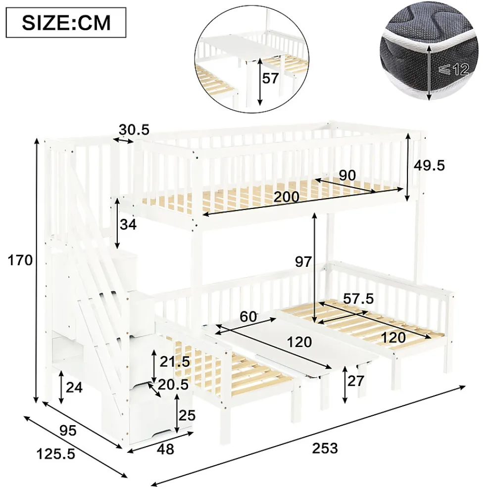 Lit superposé 90x200/120x200 avec table rabattable et escalier de rangement, structure bois/MDF blanc>Redom New