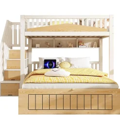 ModernLuxe Lit superposé 90x200+140x200 cm - lit inférieur avec rangement - escalier avec rangement - port USB - Blanc/Naturel (sans matelas)*Enfant Lit Enfant