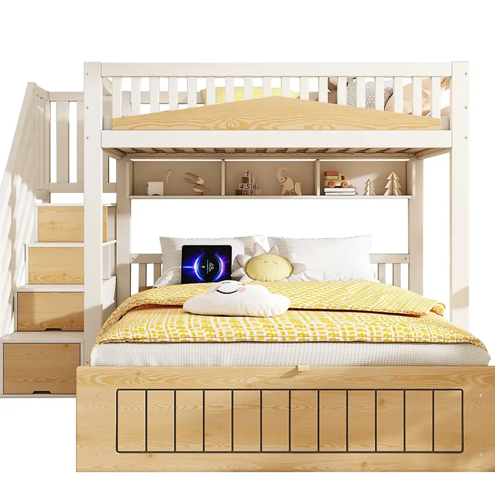 ModernLuxe Lit superposé 90x200+140x200 cm - lit inférieur avec rangement - escalier avec rangement - port USB - Blanc/Naturel (sans matelas)*Enfant Lit Enfant