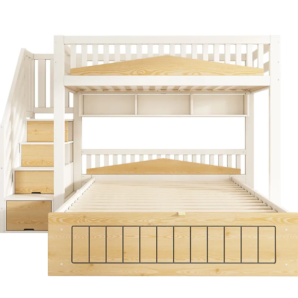 ModernLuxe Lit superposé 90x200+140x200 cm - lit inférieur avec rangement - escalier avec rangement - port USB - Blanc/Naturel (sans matelas)*Enfant Lit Enfant