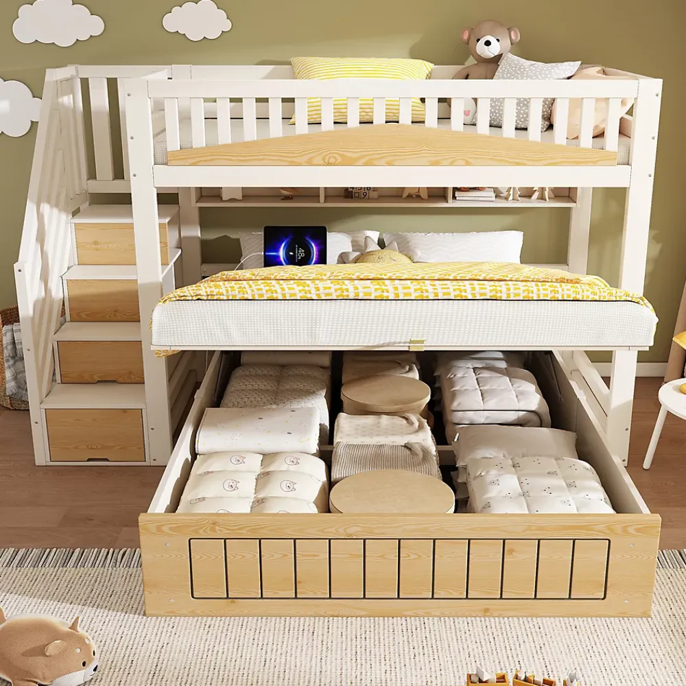 ModernLuxe Lit superposé 90x200+140x200 cm - lit inférieur avec rangement - escalier avec rangement - port USB - Blanc/Naturel (sans matelas)*Enfant Lit Enfant