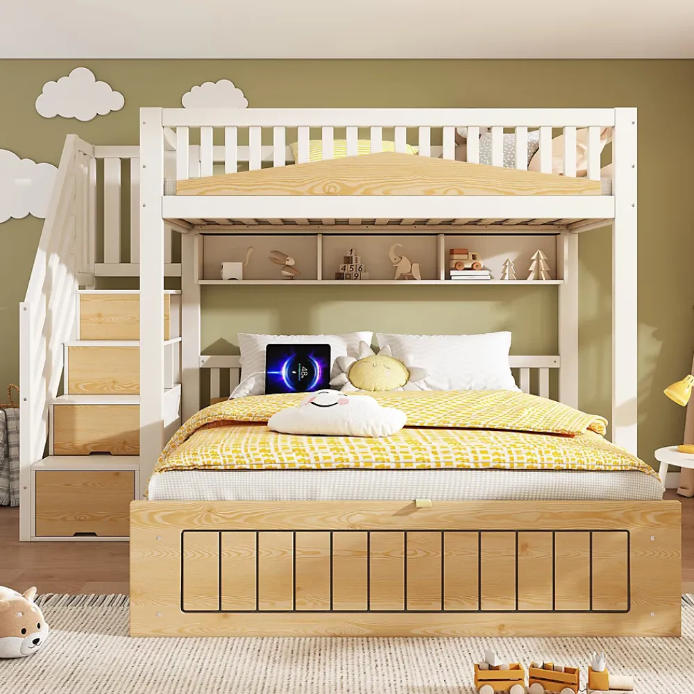ModernLuxe Lit superposé 90x200+140x200 cm - lit inférieur avec rangement - escalier avec rangement - port USB - Blanc/Naturel (sans matelas)*Enfant Lit Enfant