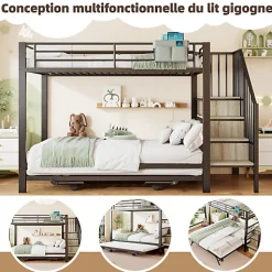 Lit superposé 90x200+180x200 cm - Structure en fer - Lit gigogne - Sacs de rangement - Échelle de sécurité - Noir (sans matelas)>ModernLuxe New