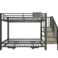 Lit superposé 90x200+180x200 cm - Structure en fer - Lit gigogne - Sacs de rangement - Échelle de sécurité - Noir (sans matelas)><noscript><img width=