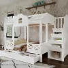 Lit superposé 90x200/140x200 cm avec deux tiroirs à roulettes et armoire d'escalier en bois blanc>Redom Discount