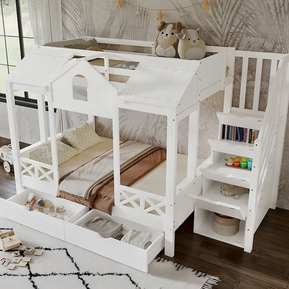 Lit superposé 90x200/140x200 cm avec deux tiroirs à roulettes et armoire d'escalier en bois blanc>Redom Discount