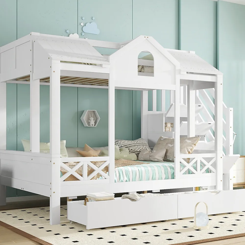 Lit superposé 90x200/140x200 cm avec deux tiroirs à roulettes et armoire d'escalier en bois blanc>Redom Discount