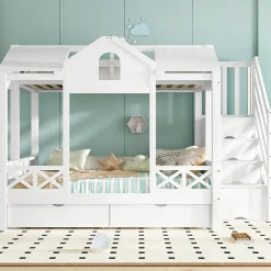 Lit superposé 90x200/140x200 cm avec deux tiroirs à roulettes et armoire d'escalier en bois blanc><noscript><img width=