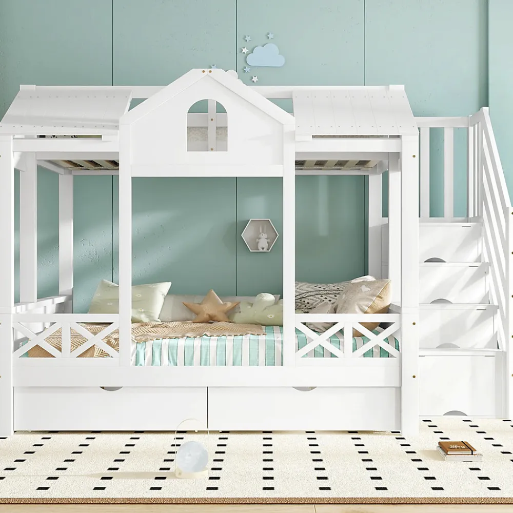 Lit superposé 90x200/140x200 cm avec deux tiroirs à roulettes et armoire d'escalier en bois blanc>Redom Discount