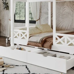 Lit superposé 90x200/140x200 cm avec deux tiroirs à roulettes et armoire d'escalier en bois blanc><noscript><img width=