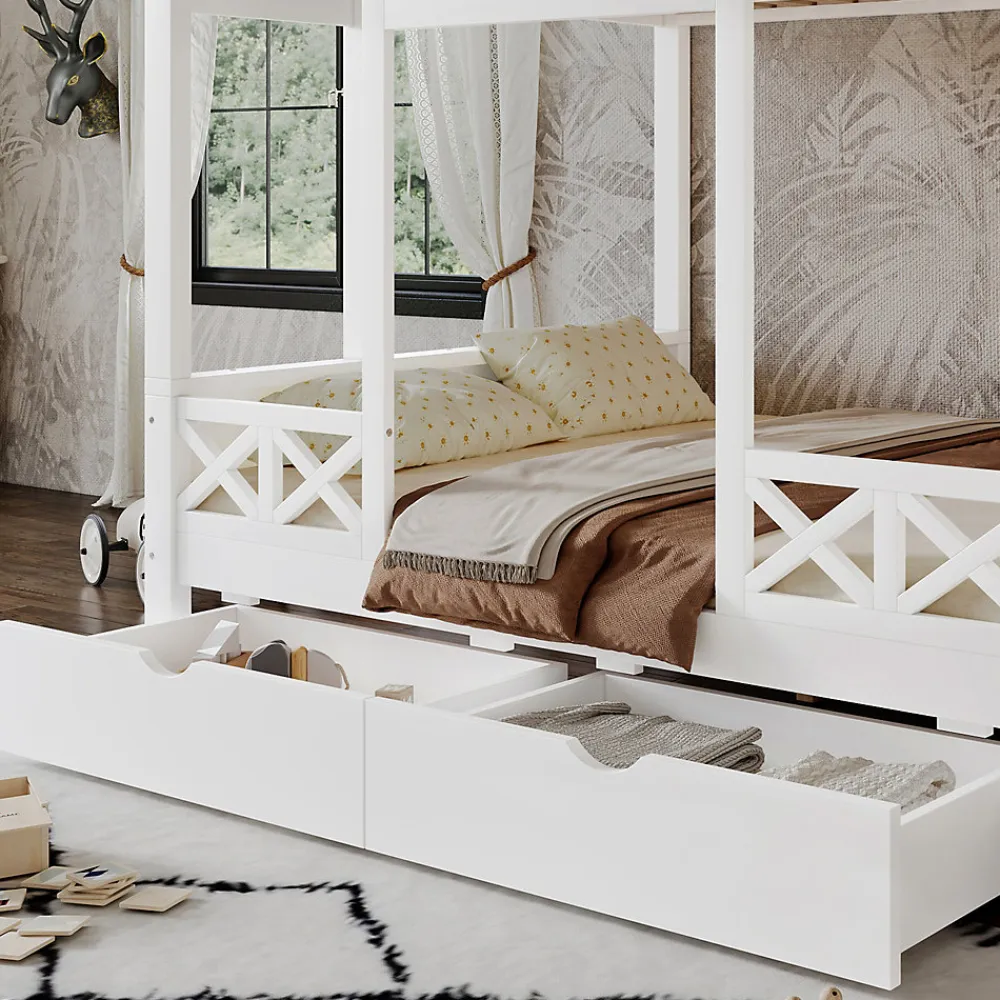 Lit superposé 90x200/140x200 cm avec deux tiroirs à roulettes et armoire d'escalier en bois blanc>Redom Discount