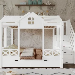 Lit superposé 90x200/140x200 cm avec deux tiroirs à roulettes et armoire d'escalier en bois blanc><noscript><img width=