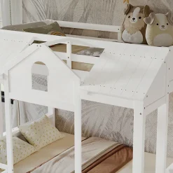 Lit superposé 90x200/140x200 cm avec deux tiroirs à roulettes et armoire d'escalier en bois blanc><noscript><img width=