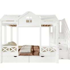 Lit superposé 90x200/140x200 cm avec deux tiroirs à roulettes et armoire d'escalier en bois blanc><noscript><img width=
