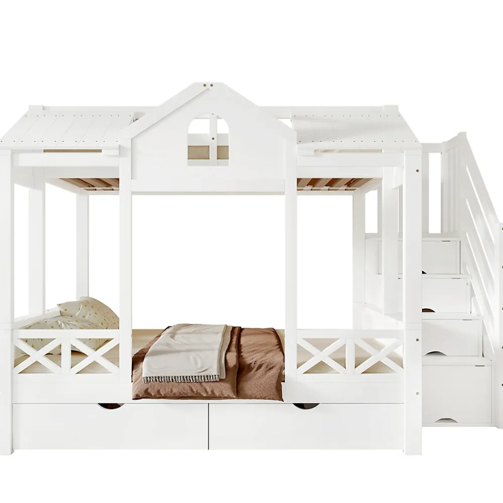 Lit superposé 90x200/140x200 cm avec deux tiroirs à roulettes et armoire d'escalier en bois blanc>Redom Discount