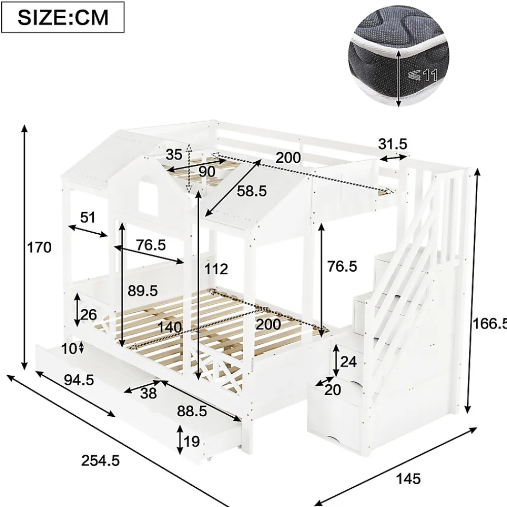 Lit superposé 90x200/140x200 cm avec deux tiroirs à roulettes et armoire d'escalier en bois blanc>Redom Discount