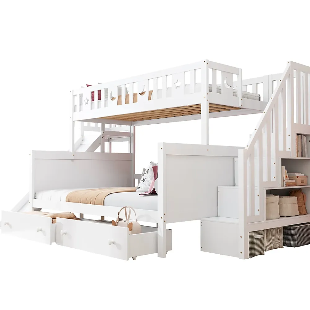 Redom Lit superposé 90x200/140x200 cm avec toboggan sécurisé, échelle de rangement et 2 tiroirs en bois blanc*Enfant Lit Enfant