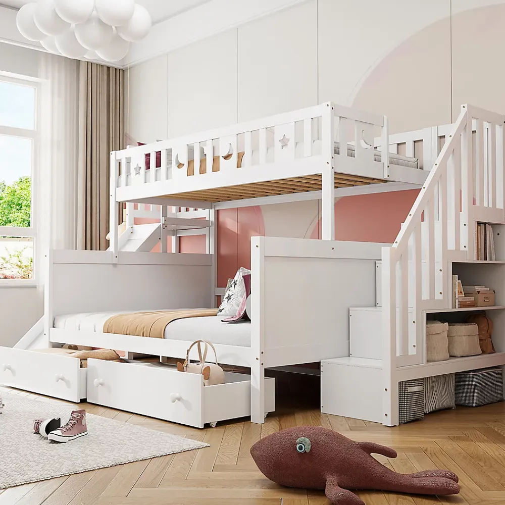 Redom Lit superposé 90x200/140x200 cm avec toboggan sécurisé, échelle de rangement et 2 tiroirs en bois blanc*Enfant Lit Enfant