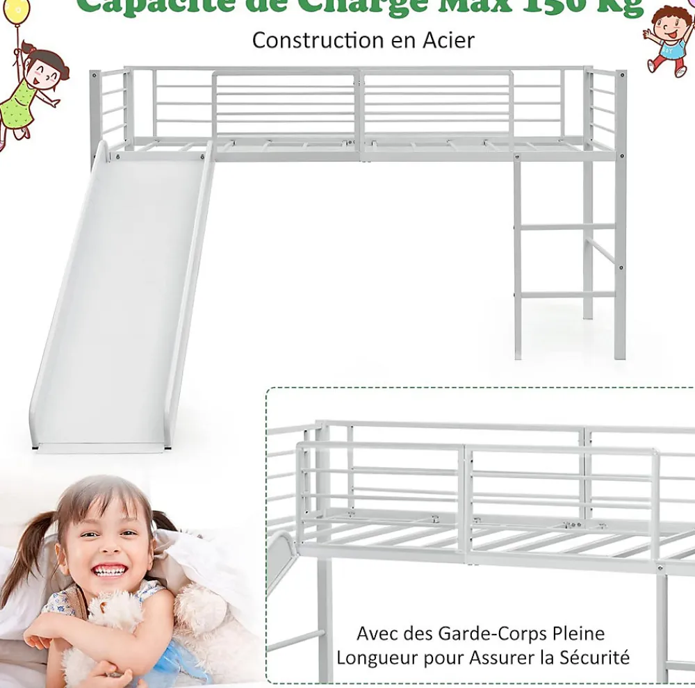 Lit Superpose avec Echelle et Toboggan Amovible Cadre de Lit pour Enfant avec Cloture de Securite>Giantex Discount