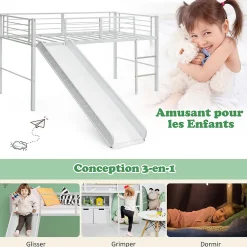Lit Superpose avec Echelle et Toboggan Amovible Cadre de Lit pour Enfant avec Cloture de Securite><noscript><img width=
