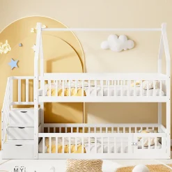 Lit superpose enfant 90 par 200 cm bois massif avec toit echelle de securite tiroirs lit simple blanc rangement enfants><noscript><img width=