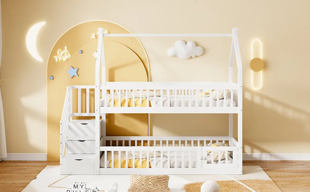 Lit superpose enfant 90 par 200 cm bois massif avec toit echelle de securite tiroirs lit simple blanc rangement enfants>Redom Best