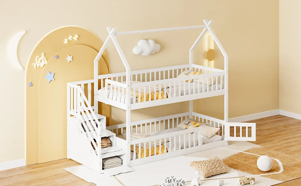 Lit superpose enfant 90 par 200 cm bois massif avec toit echelle de securite tiroirs lit simple blanc rangement enfants>Redom Best