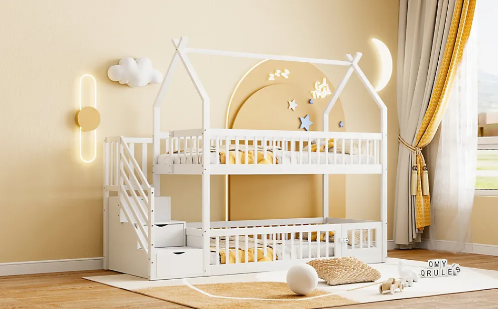 Lit superpose enfant 90 par 200 cm bois massif avec toit echelle de securite tiroirs lit simple blanc rangement enfants>Redom Best