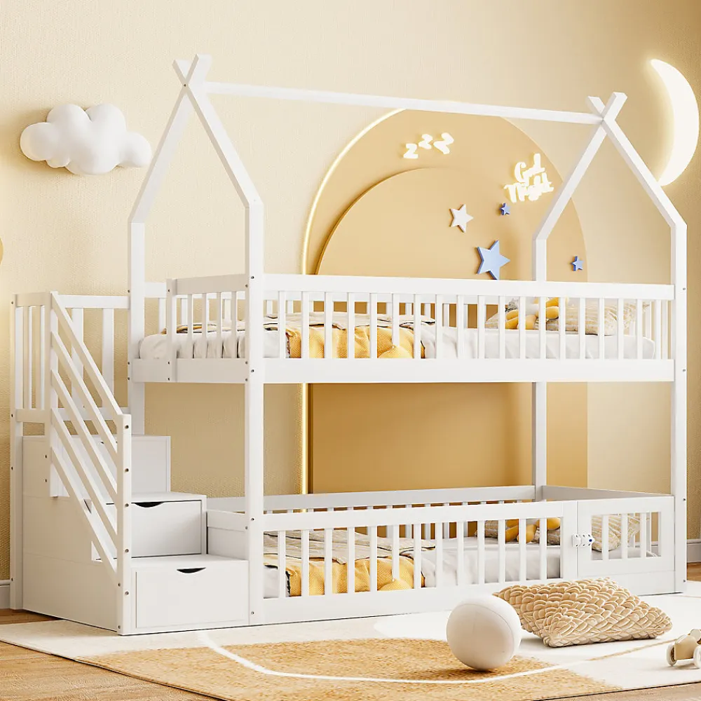 Lit superpose enfant 90 par 200 cm bois massif avec toit echelle de securite tiroirs lit simple blanc rangement enfants>Redom Best