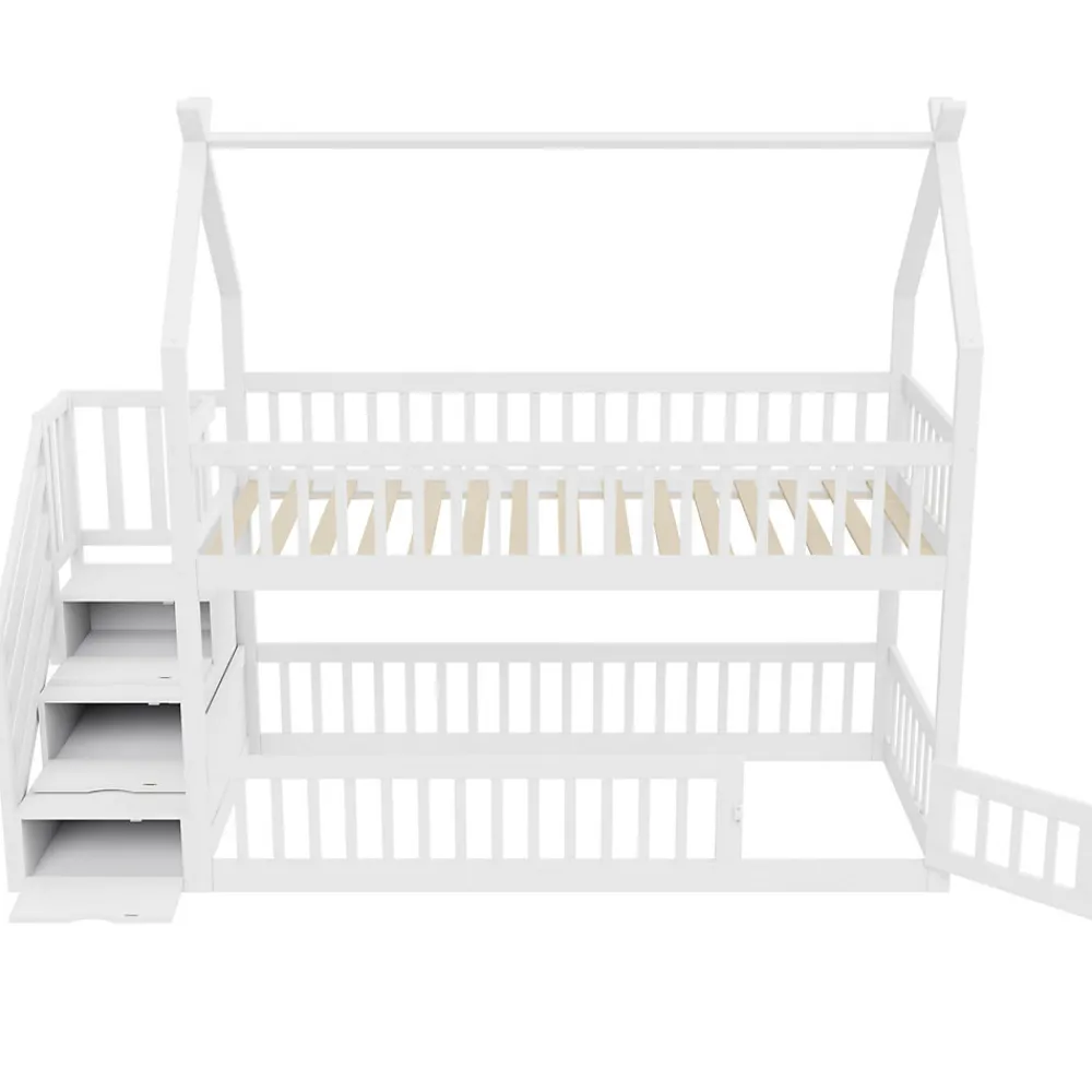 Lit superpose enfant 90 par 200 cm bois massif avec toit echelle de securite tiroirs lit simple blanc rangement enfants>Redom Best