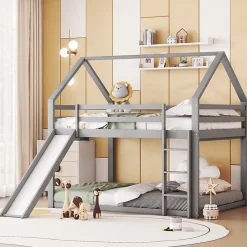 Lit superpose enfant 140x200 cm gris avec toboggan echelle et design cabane pour chambre enfant><noscript><img width=